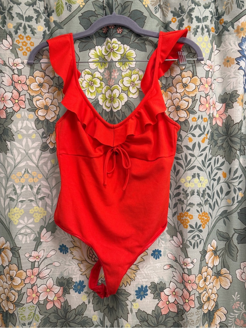 Astr Red Ruffle Scoop Neck Tank Bodysuit